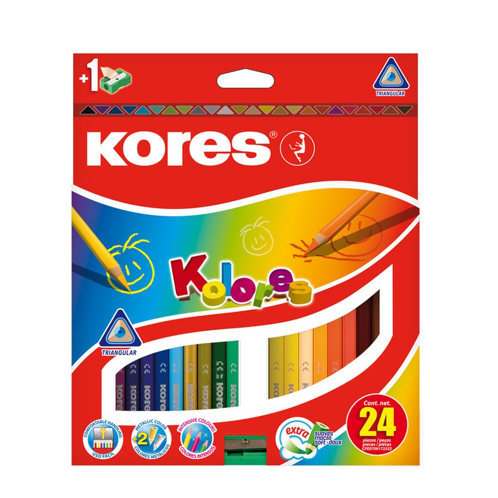 Creioane colorate Kores Kolores, 3 mm, triunghiulare, 24 bucati / set, ascutitoare, camp pentru nume