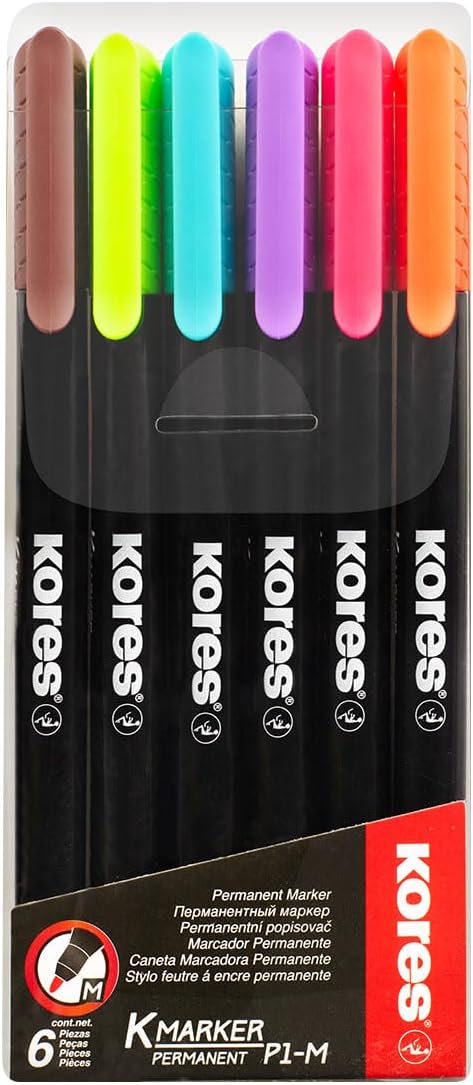 Marker permanent Kores K-Marker P1, varf rotund, 1 mm, 6 culori / set, etui plastic