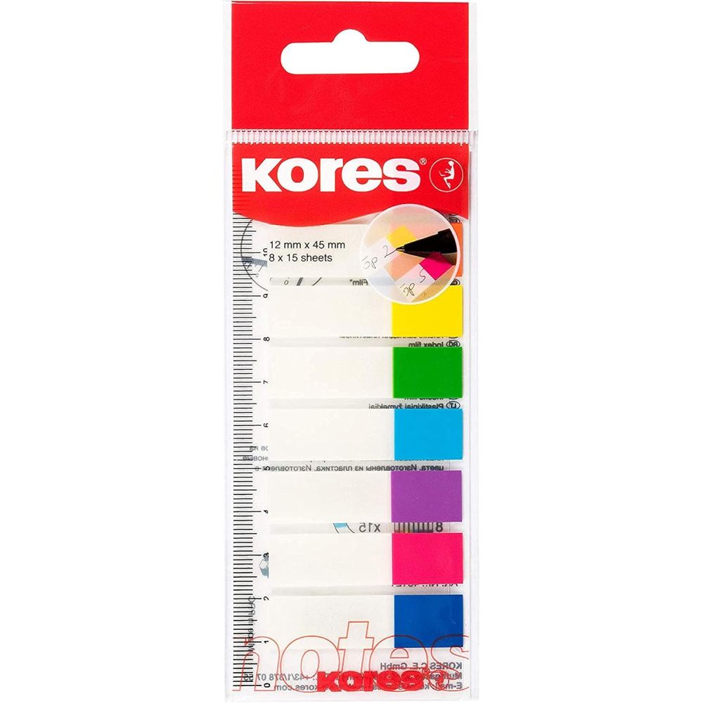 Index adeziv Kores, 12 x 45 mm, 8 x 15 file, rigla 12 cm, plastic, culori asortate