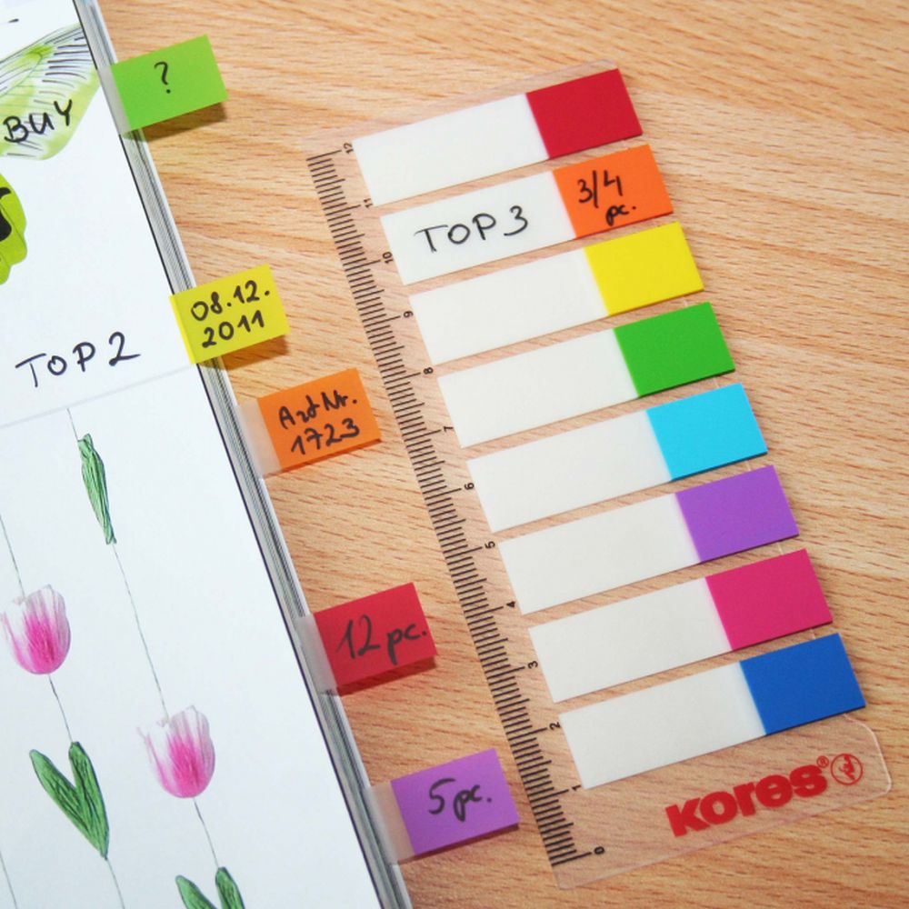 Index adeziv Kores, 12 x 45 mm, 8 x 15 file, rigla 12 cm, plastic, culori asortate