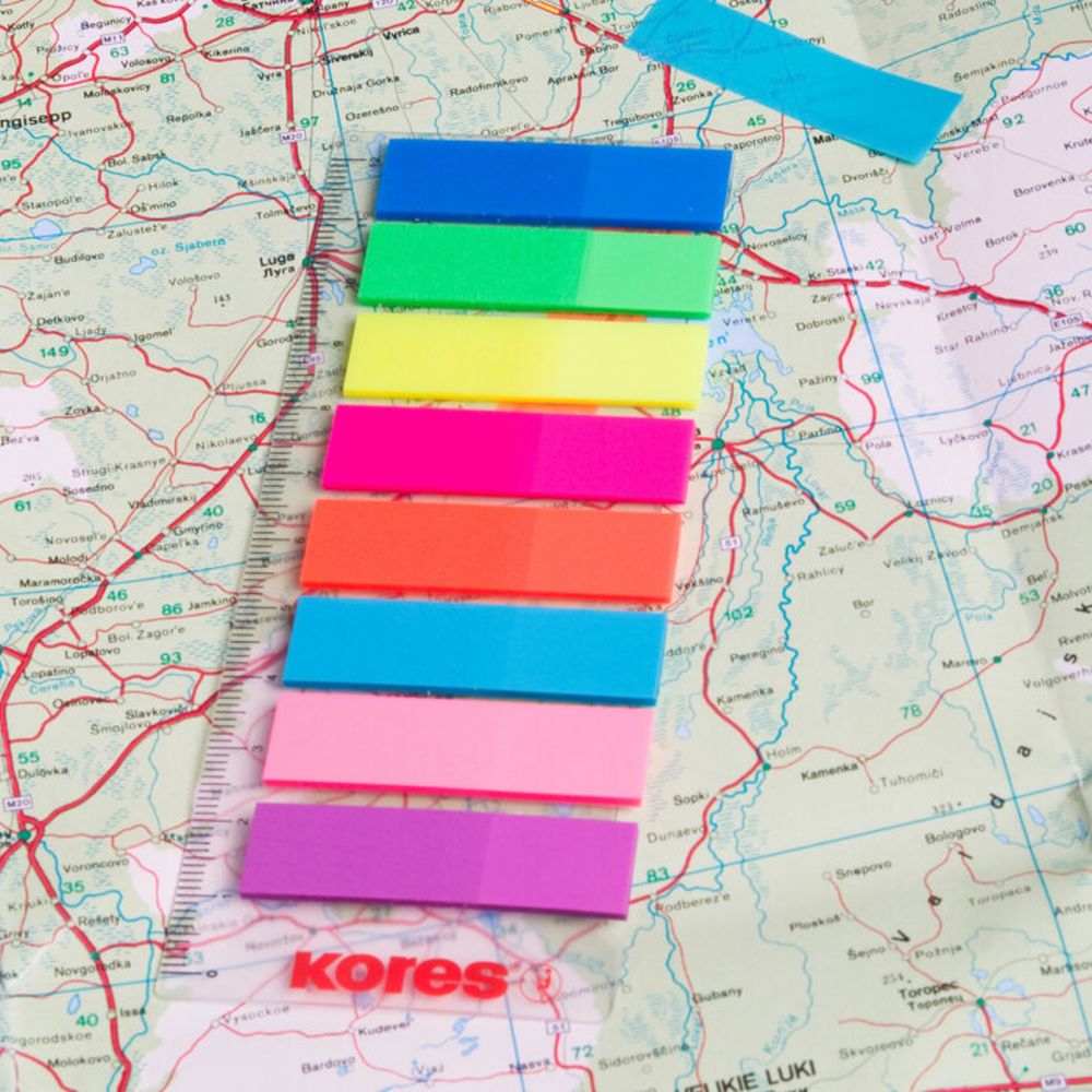 Index adeziv Kores, 12 x 45 mm, 8 x 15 file, rigla 12 cm, plastic, culori asortate