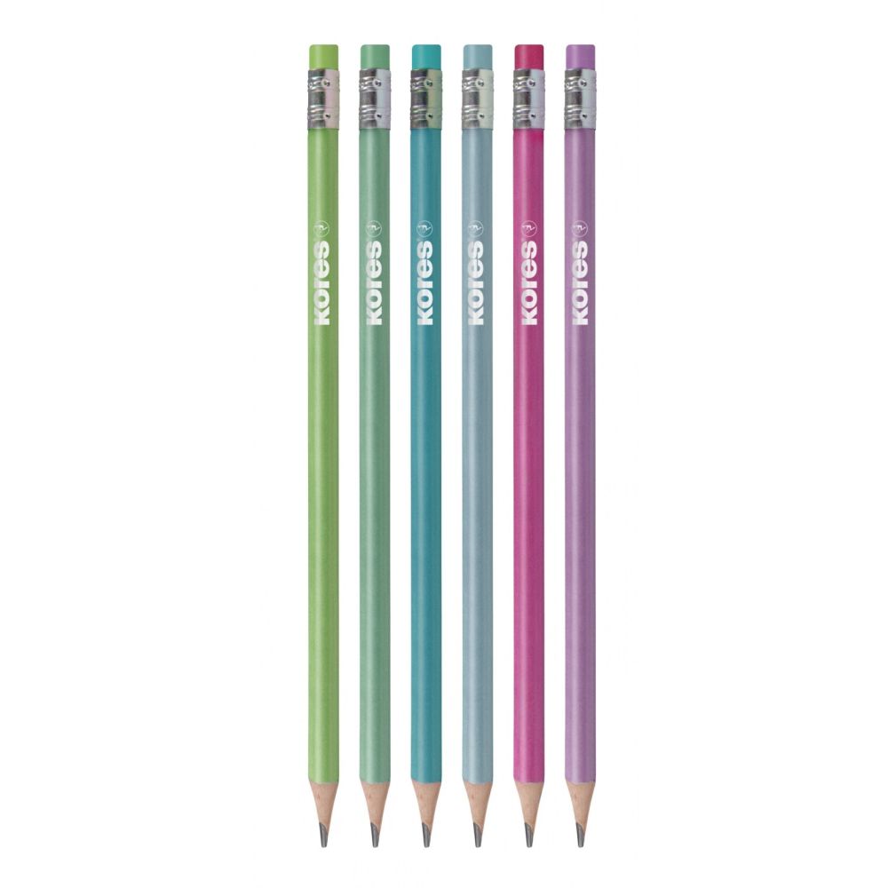 Creion grafit Kores Grafitos Style, HB, cu radiera, 6 bucati / set, corp in culori pastelate