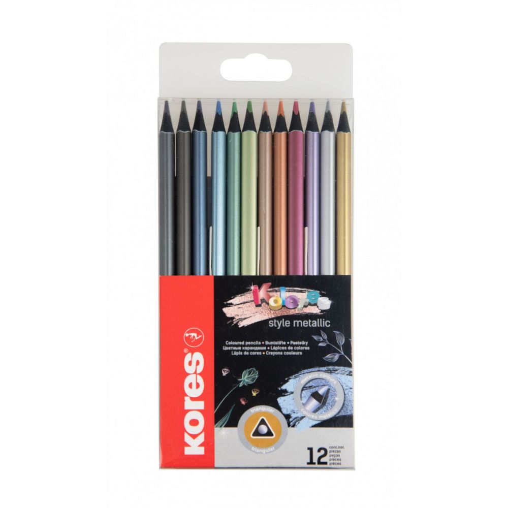 Creioane colorate Kores Kolores Style Metallic, 3 mm, triunghiulare, 12 culori / set