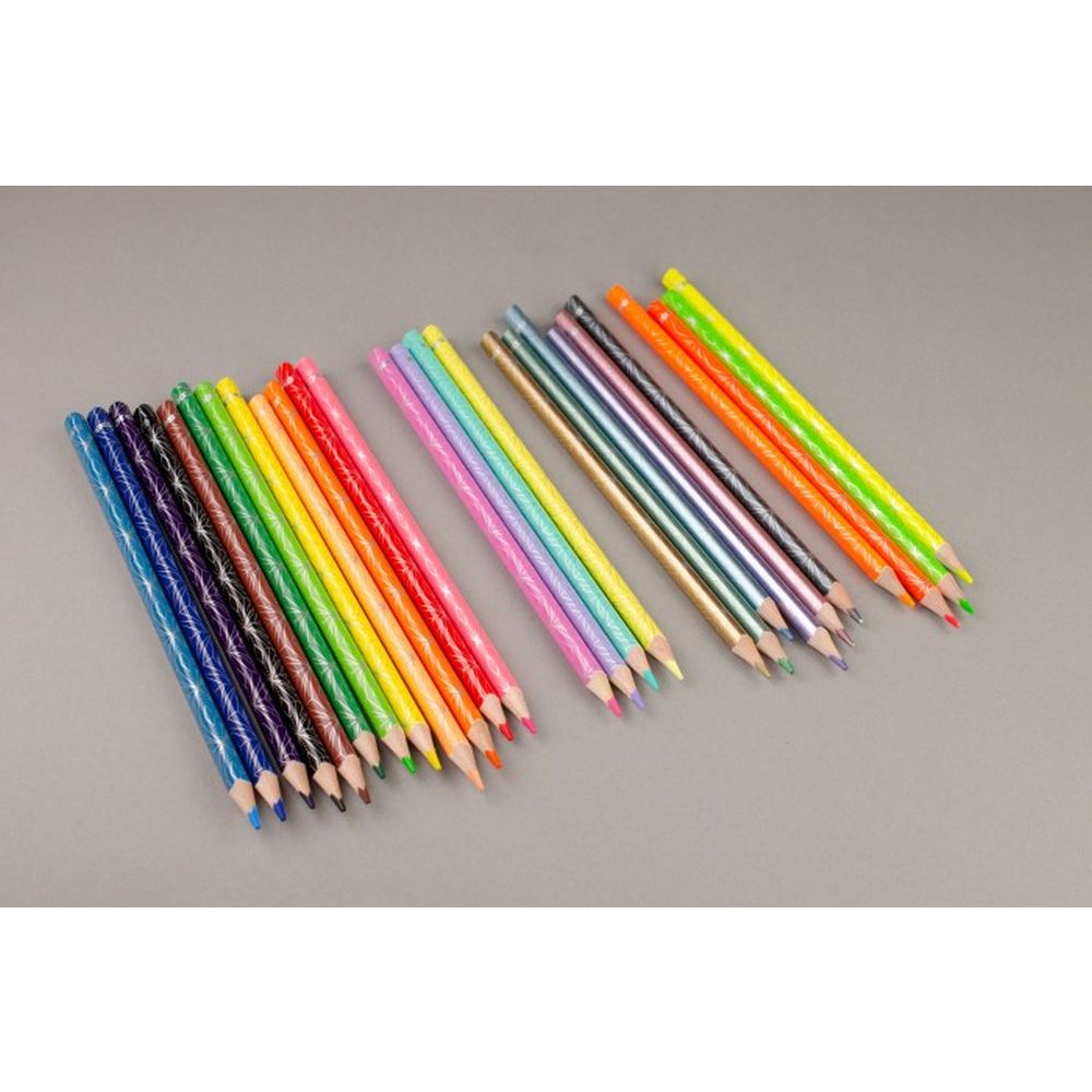 Creioane colorate Kores Kolores Style, 3 mm, triunghiulare, 26 bucati / set, cuprinde 6 culori metalice, 4 neon si 4 pastel