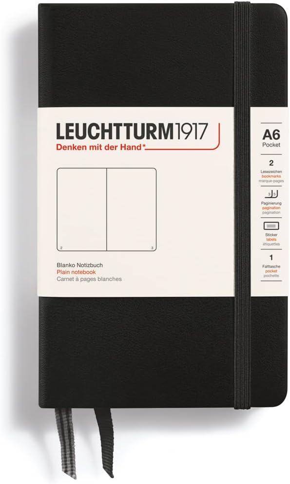 Caiet Leuchtturm1917 Pocket, A6, cartonat, 187 pagini, velin, negru
