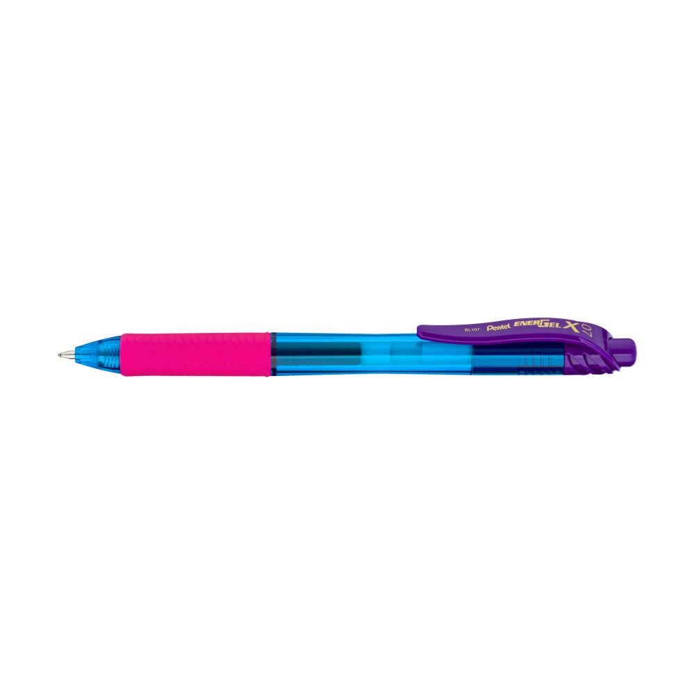Roller cu gel Pentel EnergelX Crazy Mix cu mecanism 0.7 mm, corp colorat, clip mov, scris negru