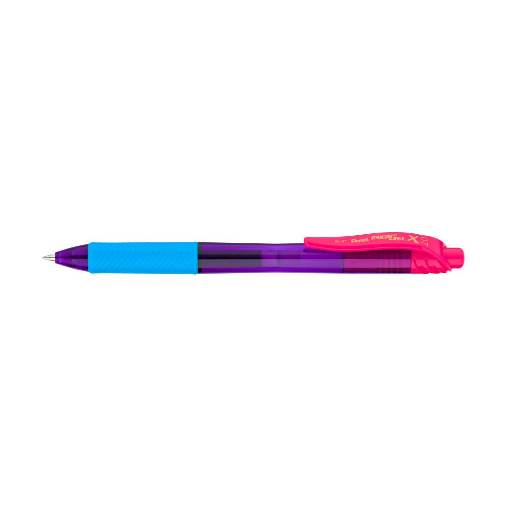 Roller cu gel Pentel EnergelX Crazy Mix cu mecanism 0.7 mm, corp colorat, clip violet, scris negru