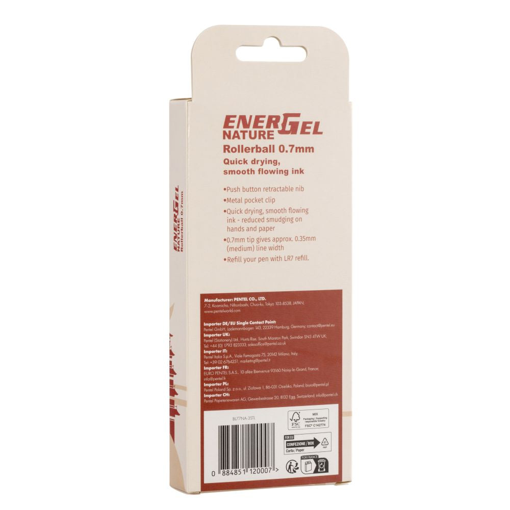 Roller cu gel Pentel EnerGel Nature, 0.7 mm, cu mecanism, albastru, 3 bucati / set, Light Colours