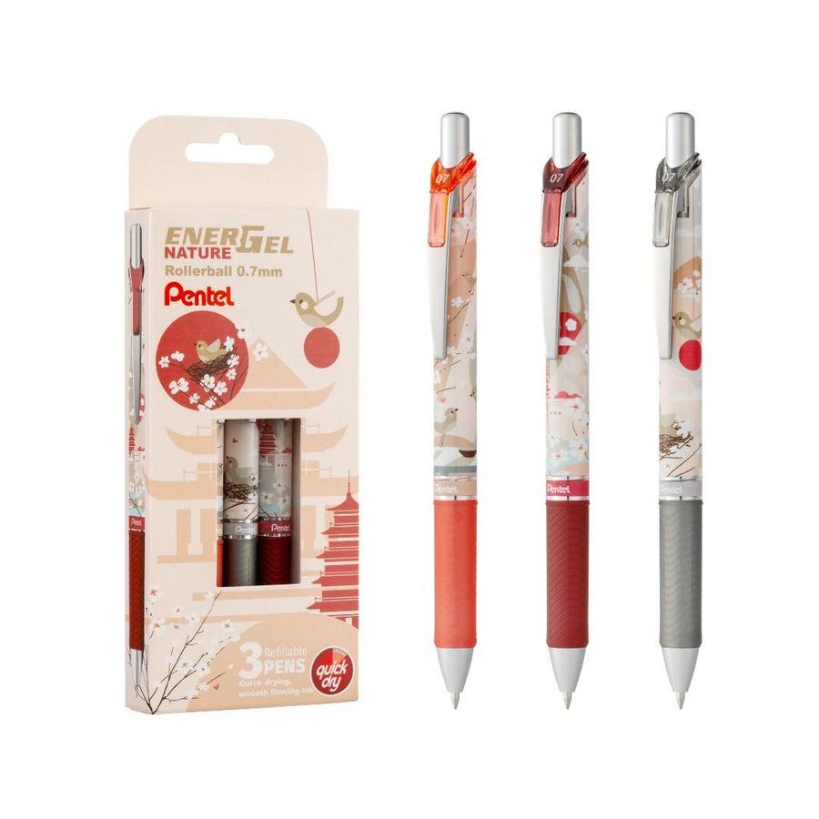 Roller cu gel Pentel EnerGel Nature, 0.7 mm, cu mecanism, albastru, 3 bucati / set, Light Colours
