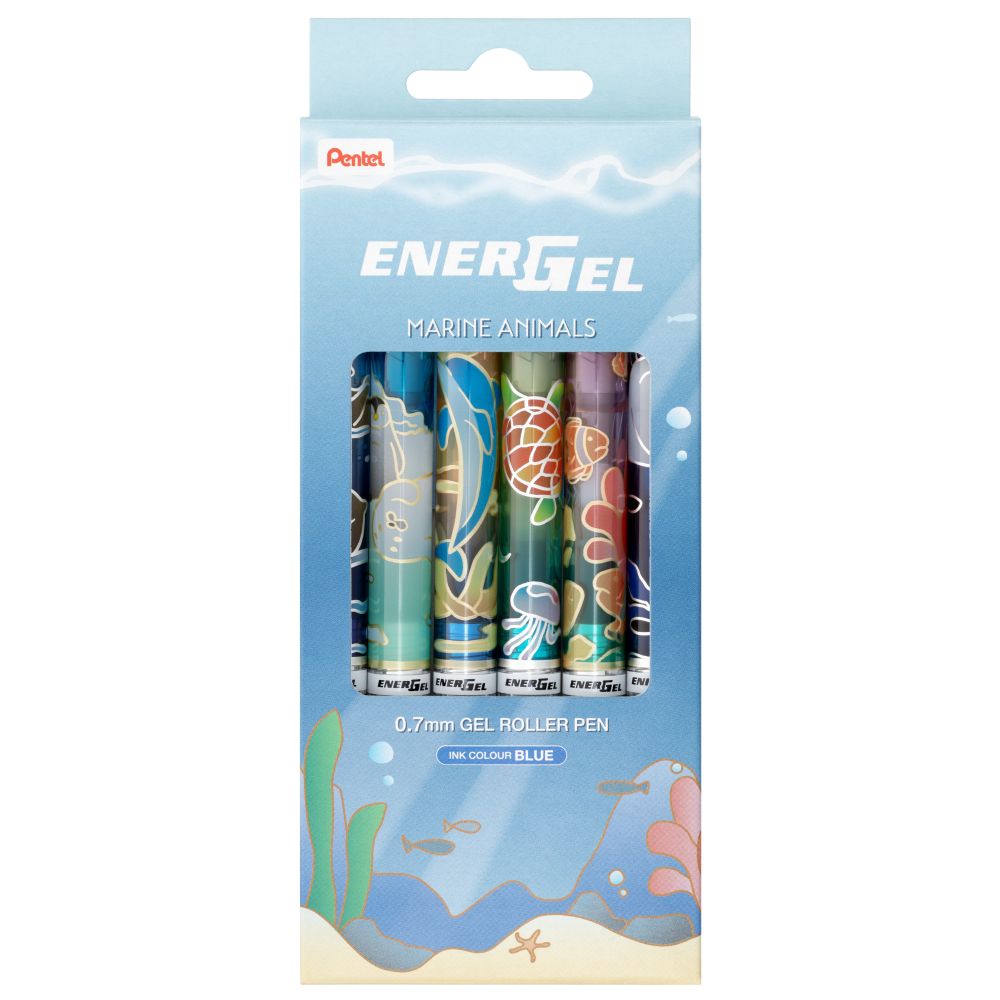 Roller cu gel Pentel EnerGel Marine, 0.7 mm, cu mecanism, albastru, 6 bucati / set