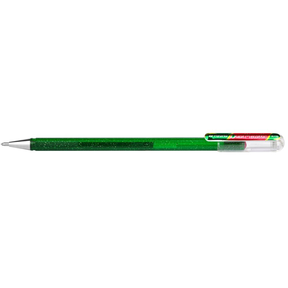 Roller cu gel Pentel Hybrid Duo Metallic, 1 mm, fara mecanism, corp transparent, scris verde / rosu metalizat