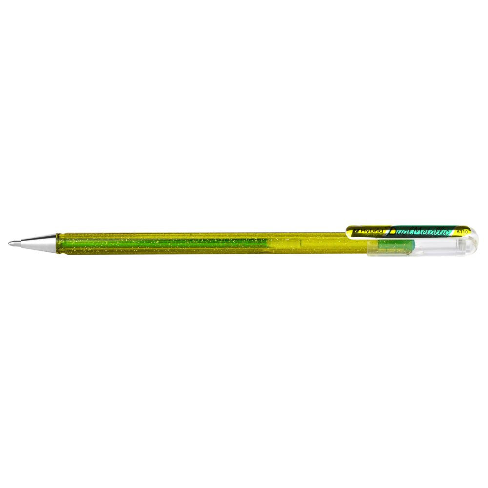 Roller cu gel Pentel Hybrid Duo Metallic, 1 mm, fara mecanism, corp transparent, scris galben / verde metalizat