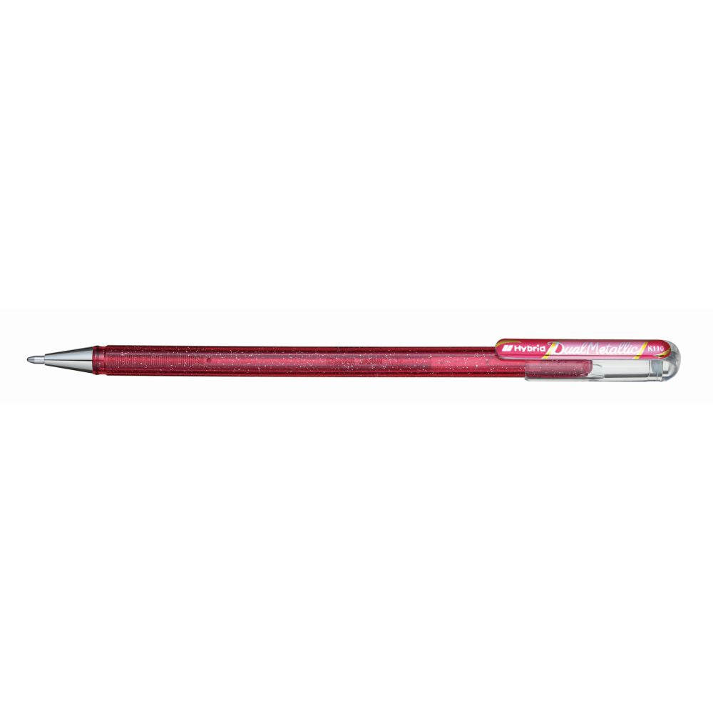 Roller cu gel Pentel Hybrid Duo Metallic, 1 mm, fara mecanism, corp transparent, scris roz / roz metalizat