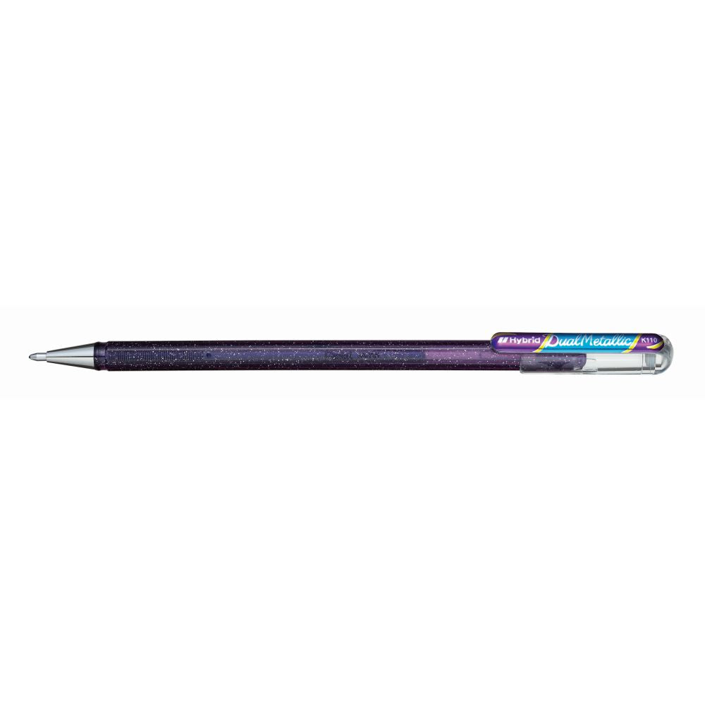 Roller cu gel Pentel Hybrid Duo Metallic, 1 mm, fara mecanism, corp transparent, scris violet / albastru metalizat