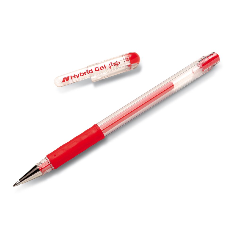 Roller cu gel Pentel Hybrid Grip, 0.6 mm, fara mecanism, corp transparent, grip rosu