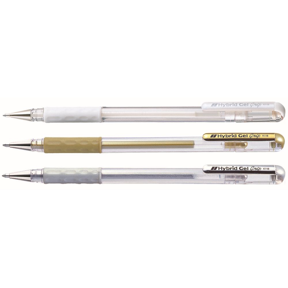 Roller cu gel Pentel Hybrid Grip Matallic, 0.8 mm, fara mecanism, corp transparent, grip argintiu