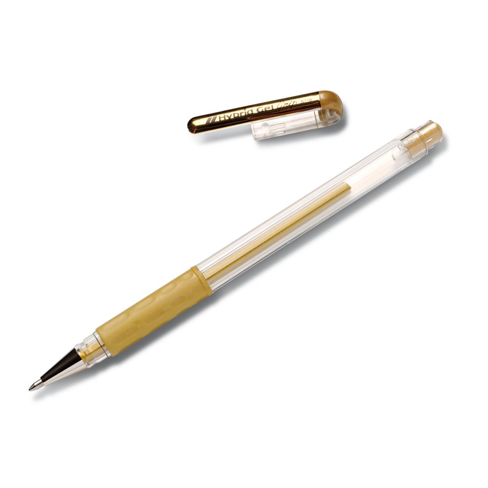 Roller cu gel Pentel Hybrid Grip Metallic, 0.8 mm, fara mecanism, corp transparent, grip auriu