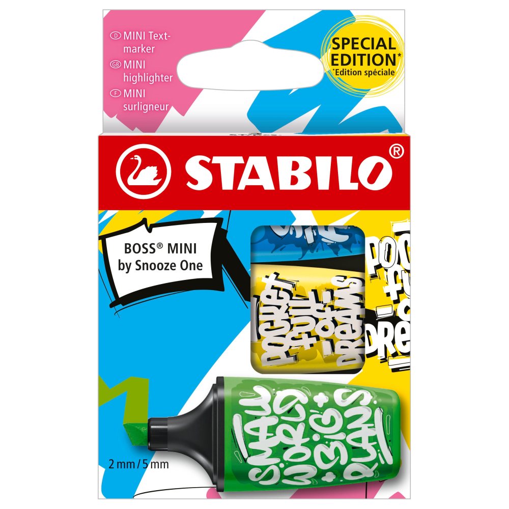 Textmarker Stabilo Boss mini by Snooze One, 3 culori / set, albastru, galben, verde, etui caton