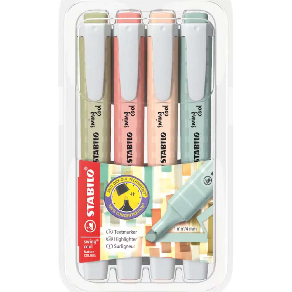Textmarker Stabilo swing cool NatureCOLORS, 4 culori / set