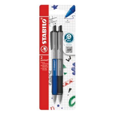 Pix cu mecanism Stabilo Pointball colorful, 0.5 mm, 87% plastic biodegradabil, 2 bucati / blister, albastru / negru