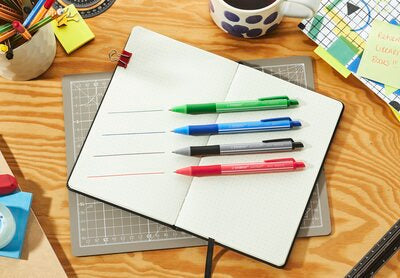 Pix cu mecanism Stabilo Pointball colorful, 0.5 mm, 87% plastic biodegradabil, 4 culori / blister, albastru, negru, rosu si verde