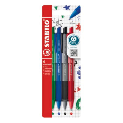 Pix cu mecanism Stabilo Pointball colorful, 0.5 mm, 87% plastic biodegradabil, 4 culori / blister, albastru, negru, rosu si verde