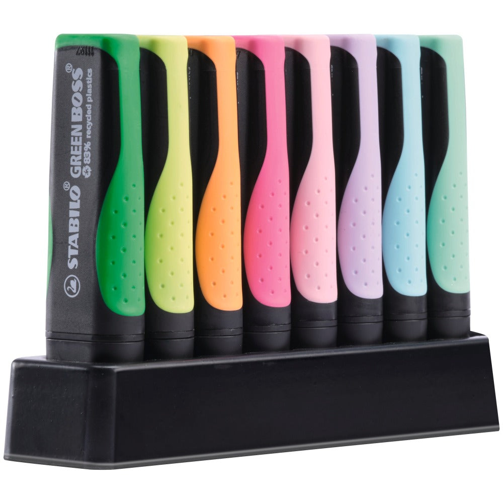 Textmarker Stabilo Boss Green, 8 culori / set, suport birou, 4 fluorescente + 4 pastel, etui carton