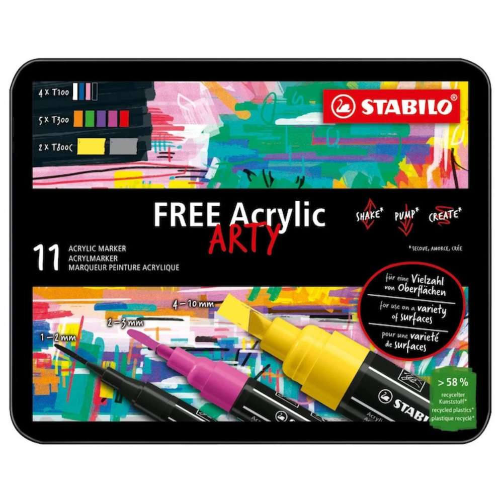 Marker acrilic Stabilo Free Starter Kit, 4 x T100, 5 xT 300, 2 xT 800, 3 culori / set, cutie metalica