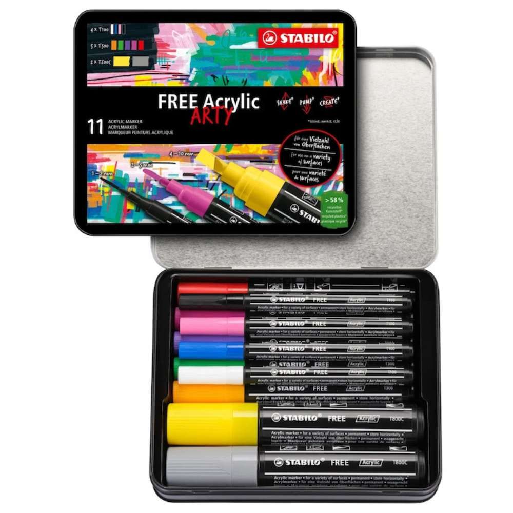 Marker acrilic Stabilo Free Starter Kit, 4 x T100, 5 xT 300, 2 xT 800, 3 culori / set, cutie metalica