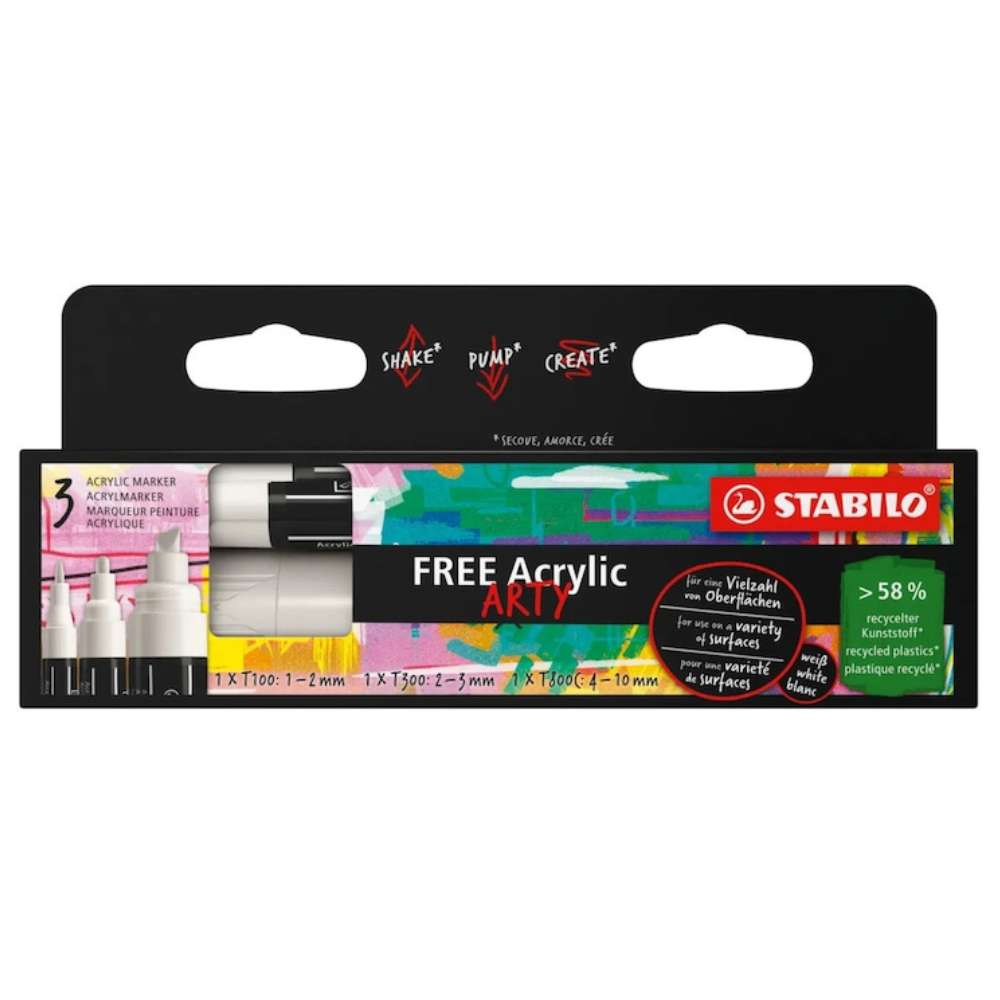Marker acrilic Stabilo Free Acrylic Mix, T100, T 300, T 800, 3 bucati / set, alb