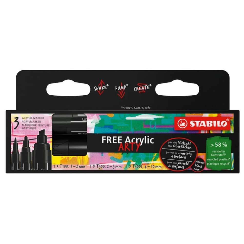 Marker acrilic Stabilo Free Acrylic Mix, T100, T 300, T 800, 3 bucati / set, negru
