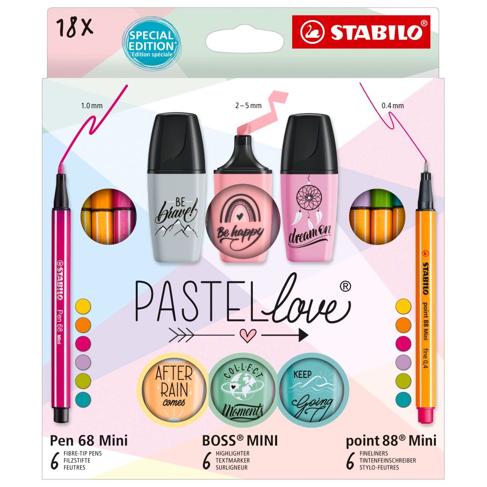 Stabilo Pen 68 mini x 6 culori, Point 88 mini x 6 culori, Boss Mini x 6 culori, 18 bucati / set, etui carton