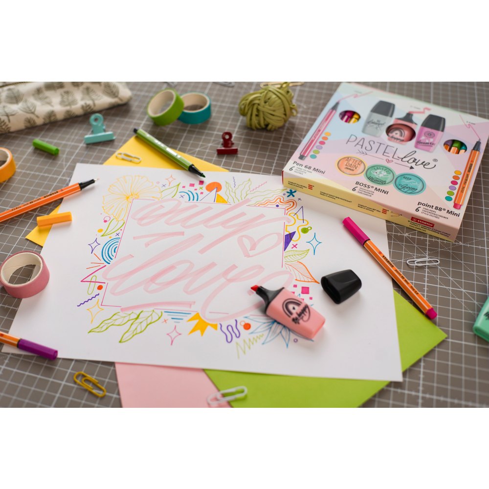 Stabilo Pen 68 mini x 6 culori, Point 88 mini x 6 culori, Boss Mini x 6 culori, 18 bucati / set, etui carton