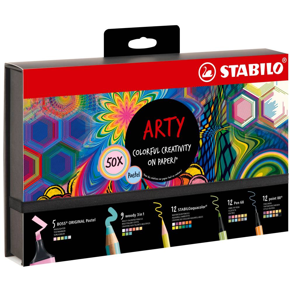 Stabilo Pen 68 x 12 culori, Point 88 x 12 culori, Aquacolor x 12 culori, woody 3 in 1 x 9 culori, Boss Original Pastel x 5 culori, 50 bucati / set, etui carton Arty