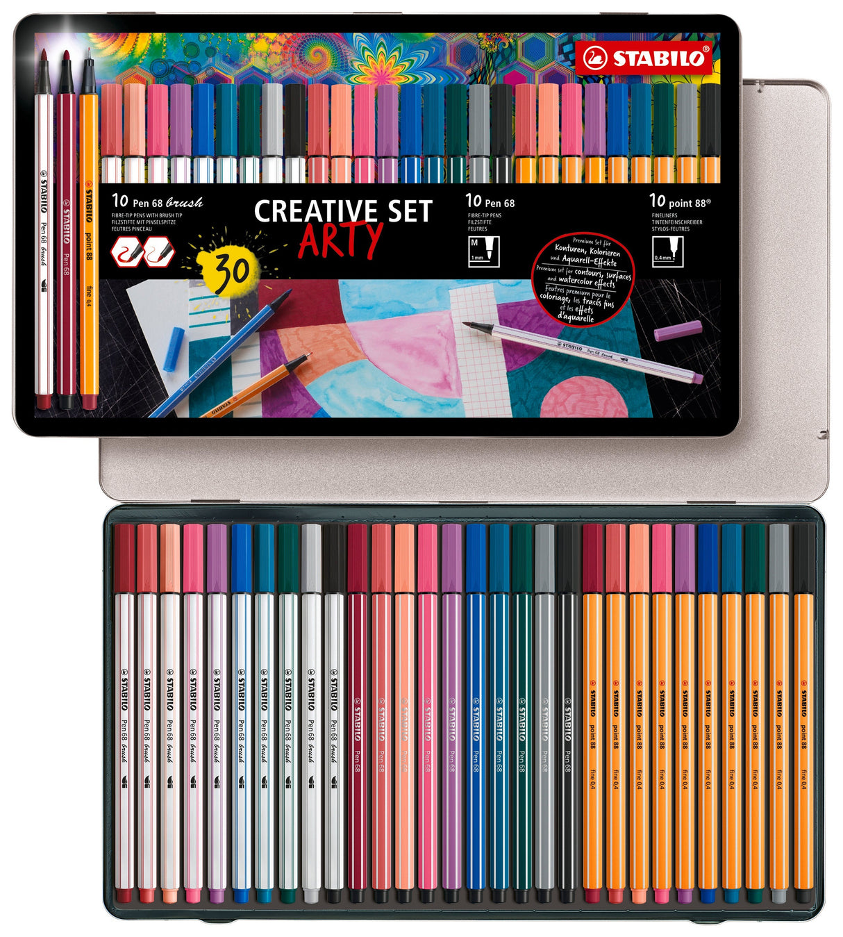 Stabilo Pen 68 x 10 culori, Point 88 x 10 culori, Pen 68 Brush x 10 culori, 30 bucati / set, etui carton Arty