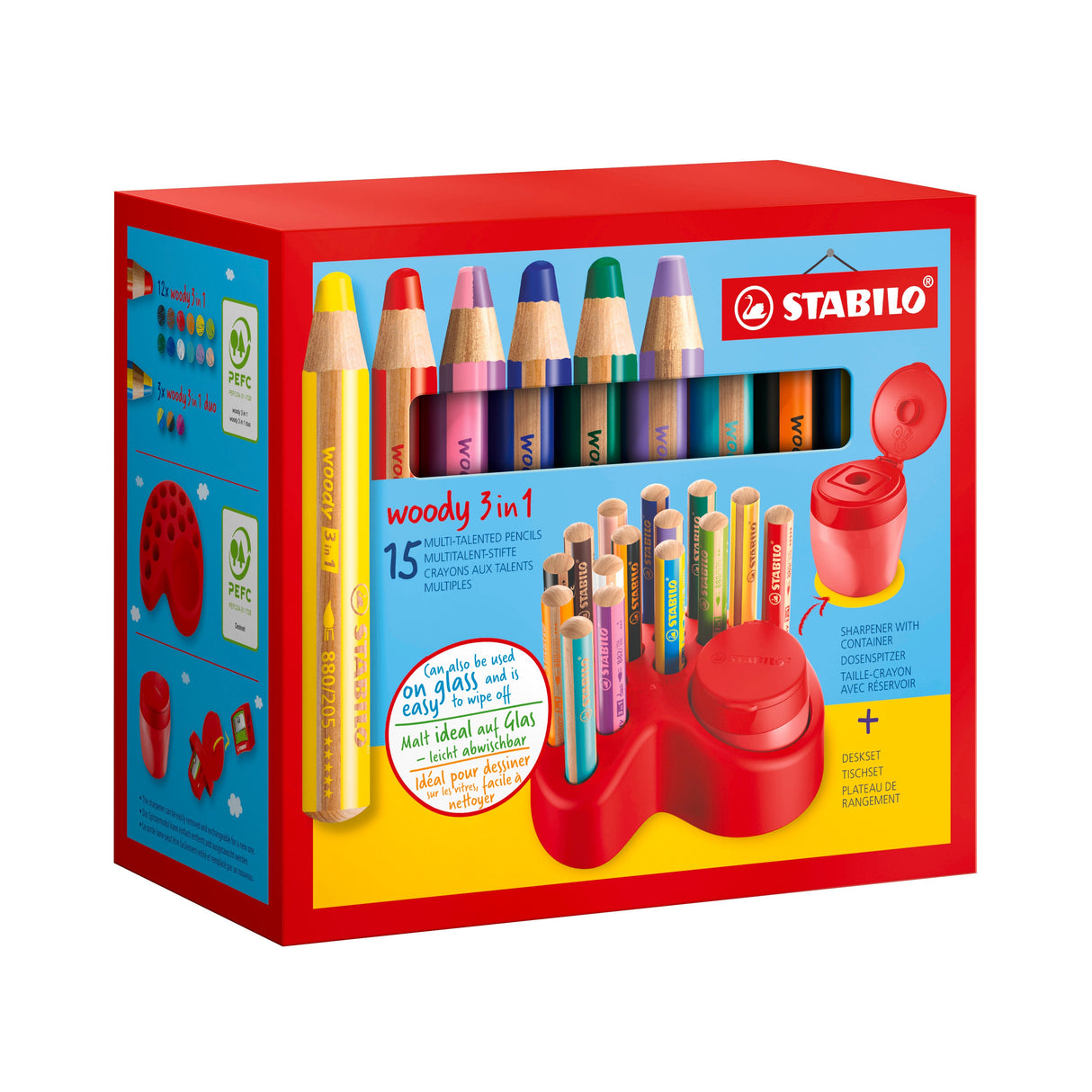 Creioane colorate Stabilo woody 3 in 1, 10 mm, 15 culori / set, ascutitoare, suport pentru birou