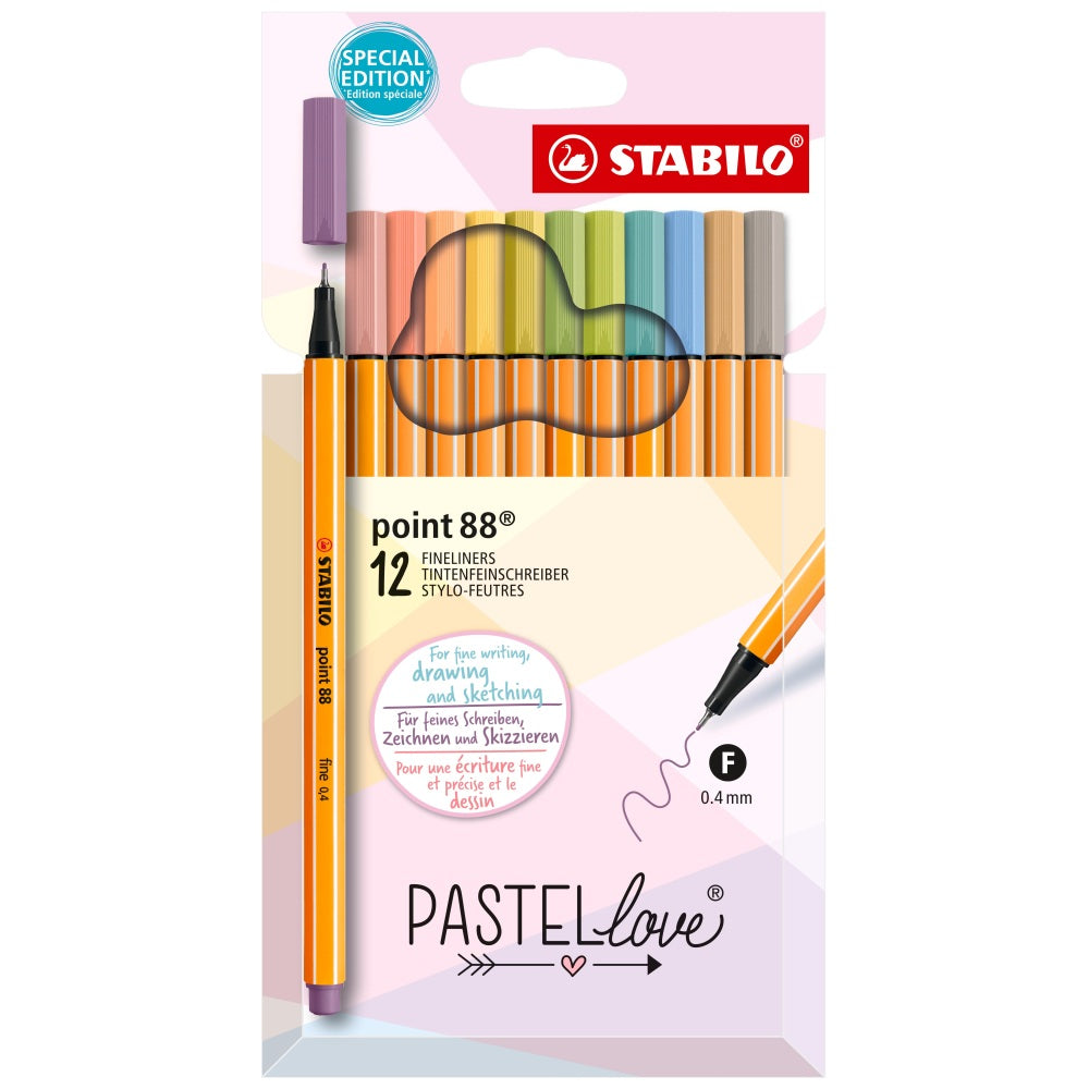 Fineliner Stabilo Point 88 Pastellove, 0.4 mm, 12 culori / set, etui carton