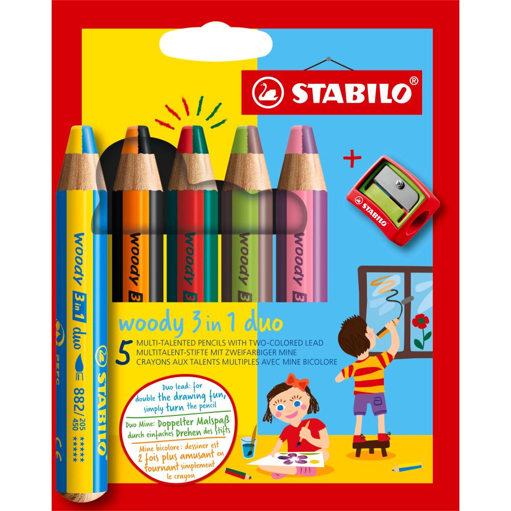 Creioane colorate Stabilo woody 3 in 1 duo, 10 mm, 5 bucati / set, ascutitoare, etui carton