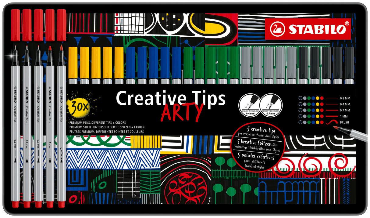 Stabilo Creative Tips, 6 culori mix 1 x 0.2, 0.4, 0.7, 1 mm, brush, 30 bucati / set, cutie metalica Arty