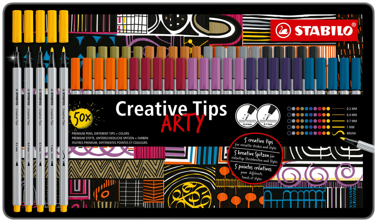 Stabilo Creative Tips, 10 culori x 0.2, 0.4, 0.7, 1 mm, brush, 50 bucati / set, cutie metalica Arty