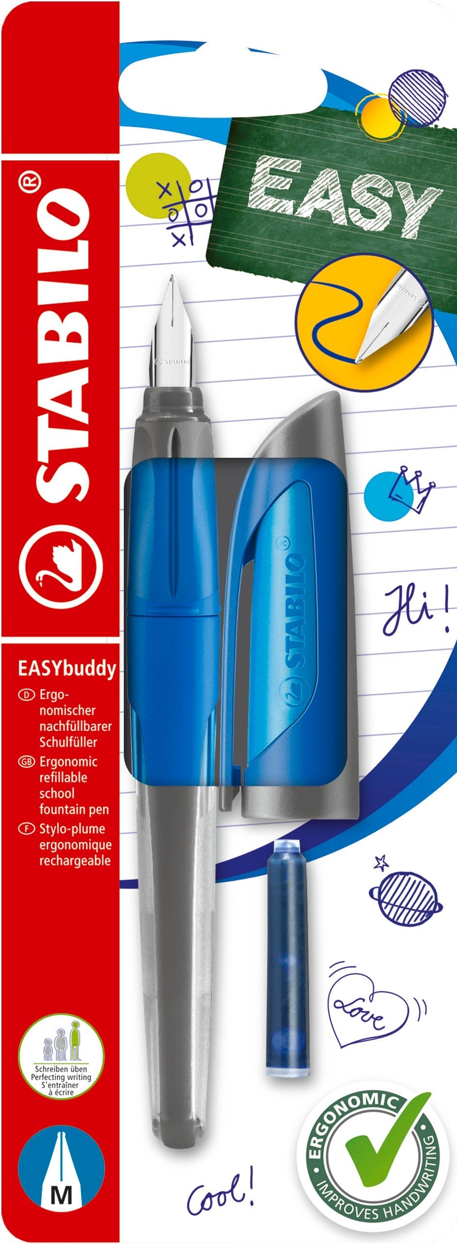 Stilou Stabilo EASYbuddy, M, dark blue/light blue, 1 rezerva, blister