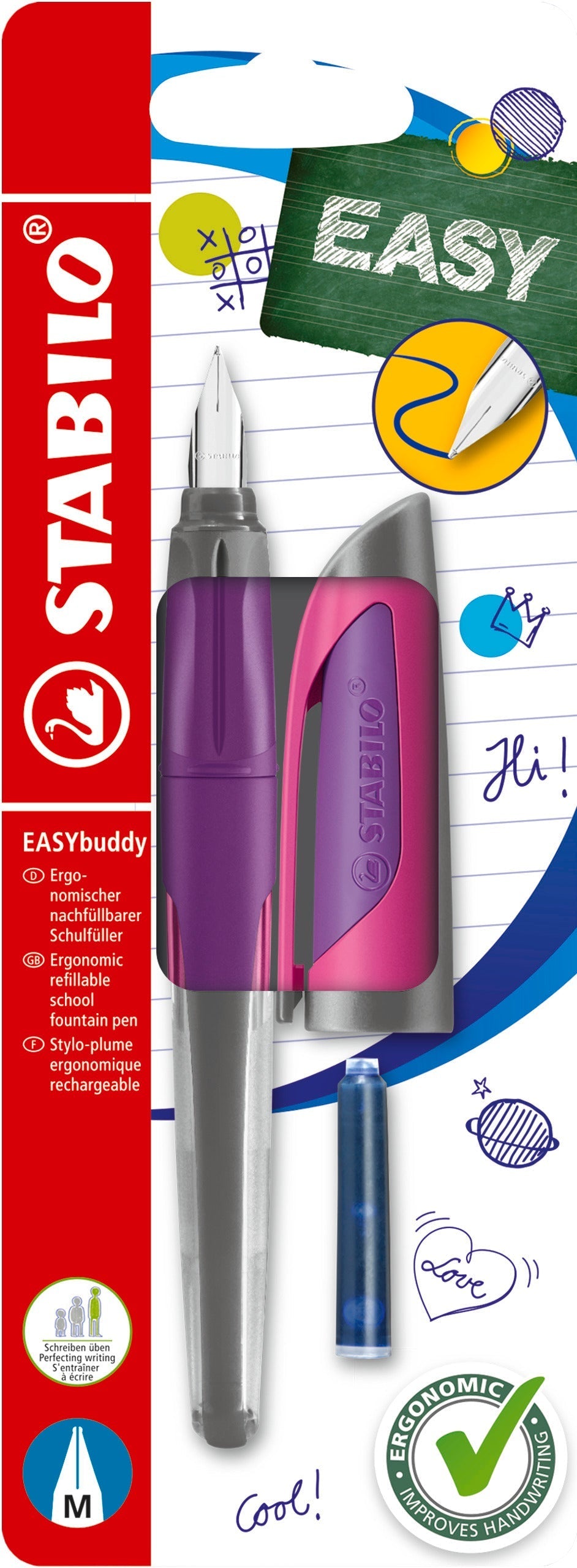 Stilou Stabilo EASYbuddy, M, purple/magenta, 1 rezerva, blister