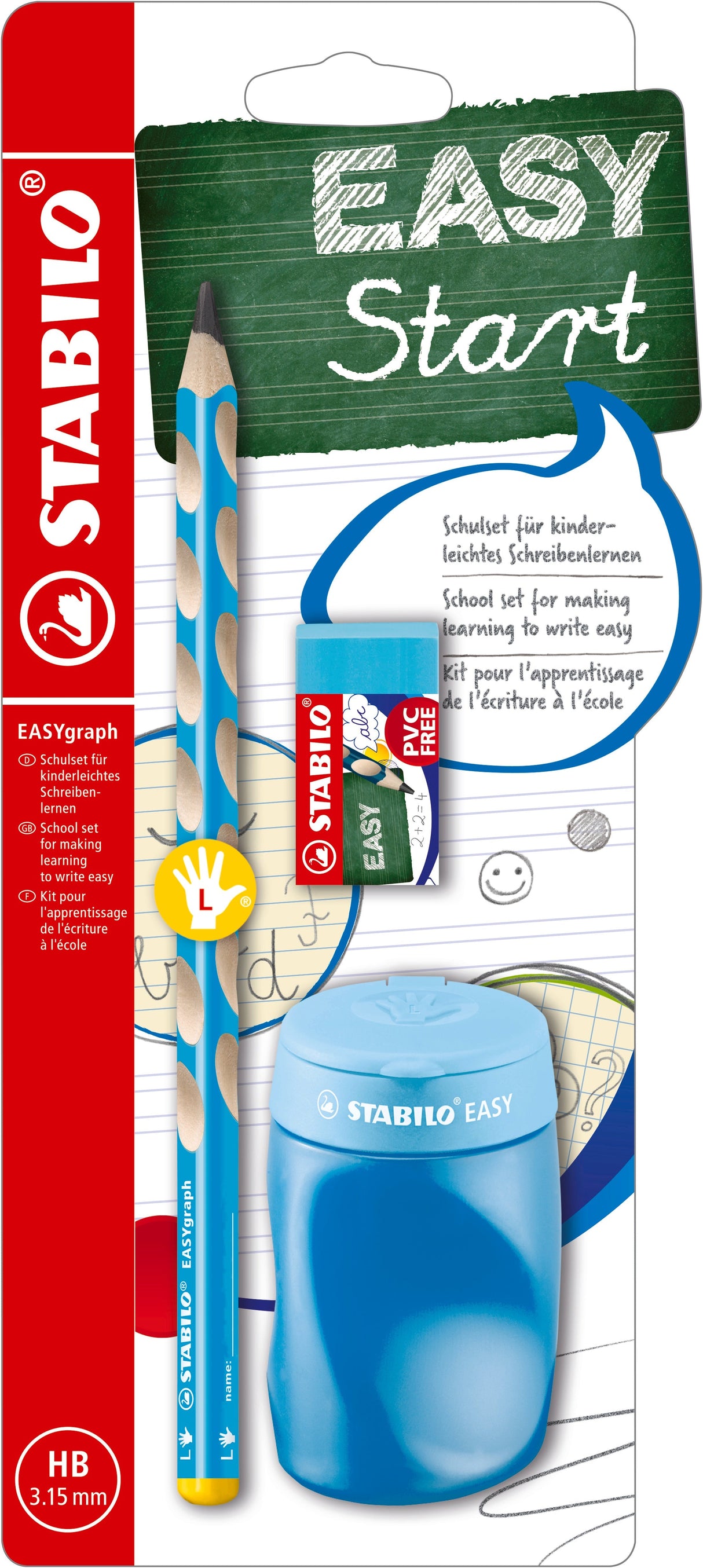 Creion grafit Stabilo EASYgraph, 3.15 mm, HB, ergonomic, pentru stangaci, ascutioare, radiera, blue, blister