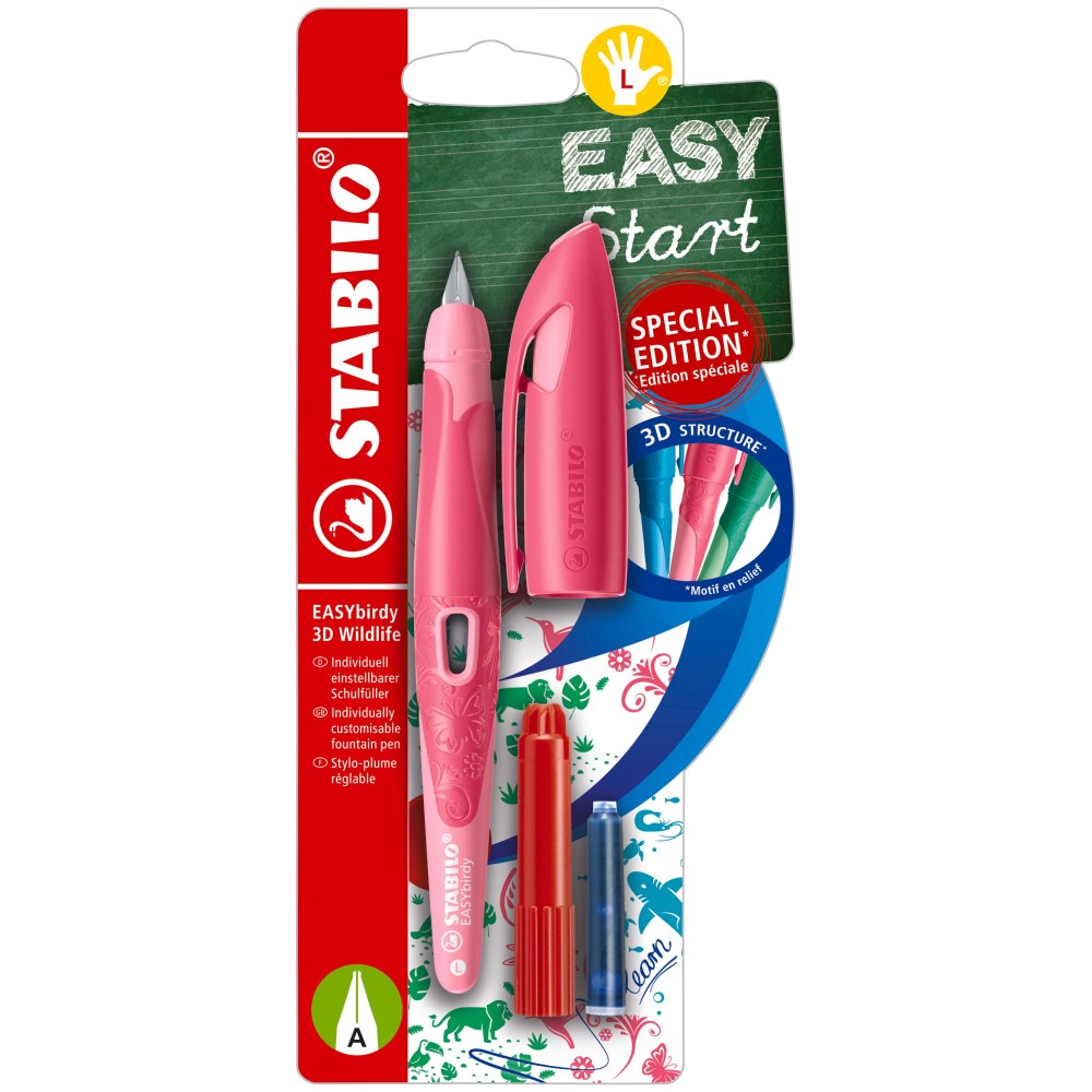 Stilou Stabilo EASYbirdy 3D Wildlife, A, pentru stangaci, roz, 1 rezerva, blister
