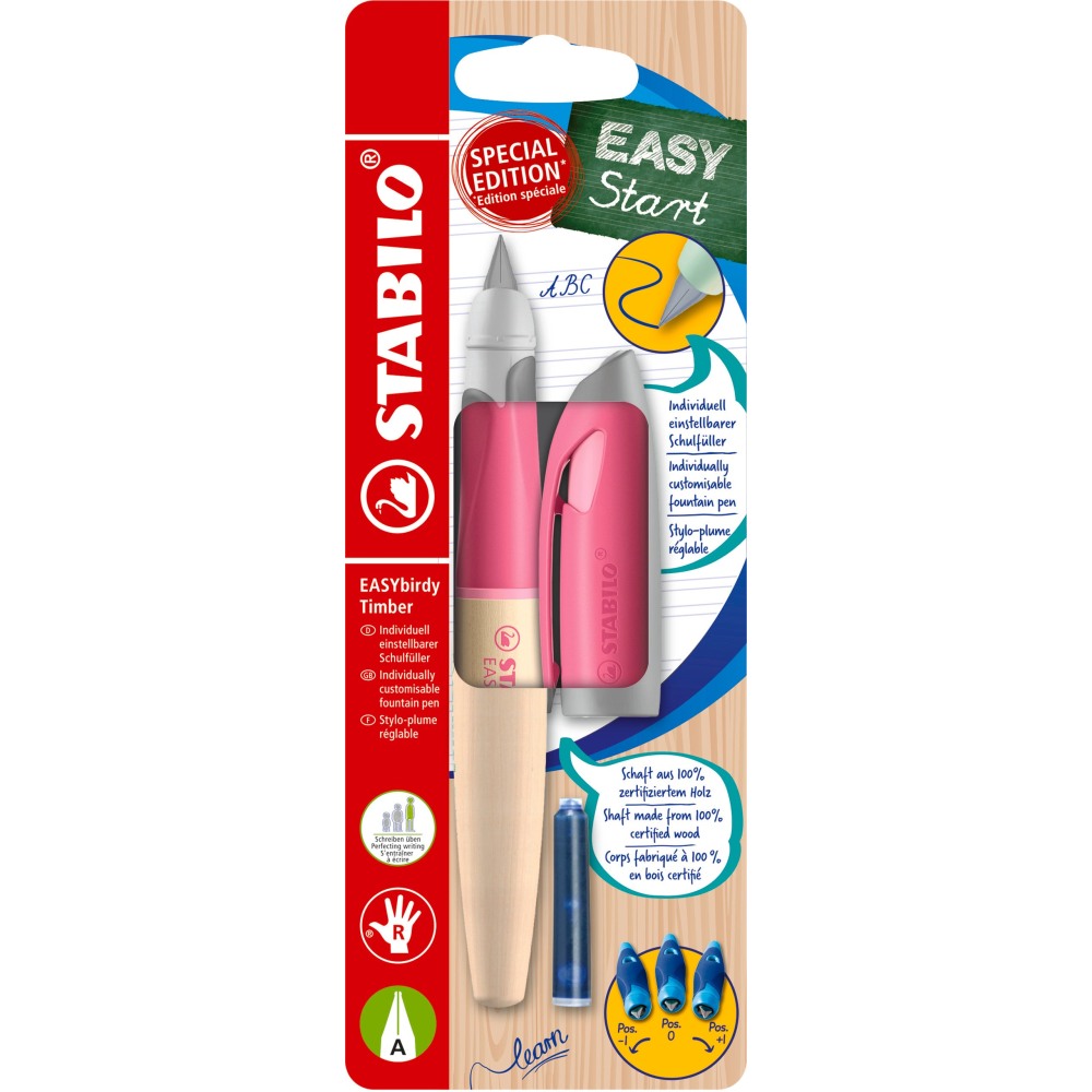 Stilou Stabilo EASYbirdy Timber, A, pentru dreptaci, pink, 1 rezerva, corp din lemn, blister