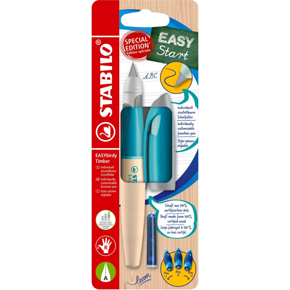 Stilou Stabilo EASYbirdy Timber, A, pentru dreptaci, mint, 1 rezerva, corp din lemn, blister