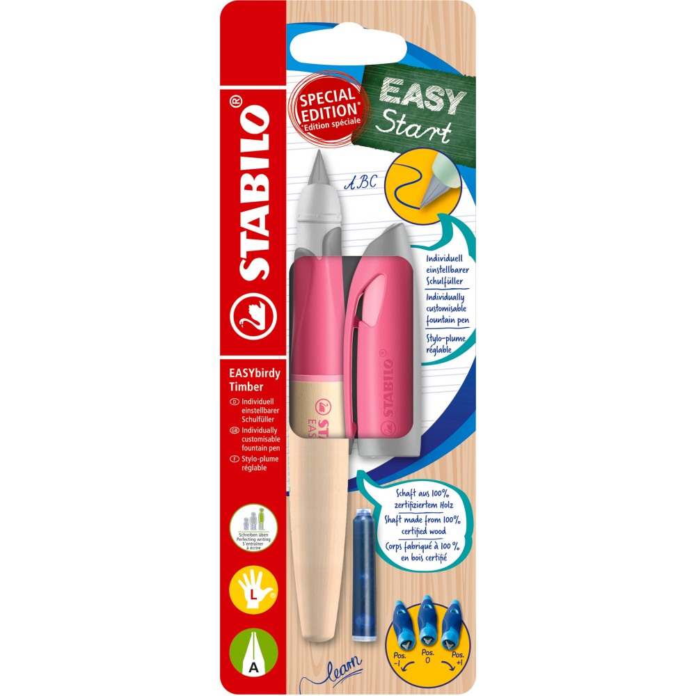 Stilou Stabilo EASYbirdy Timber, A, pentru stangaci, pink, 1 rezerva, corp din lemn, blister