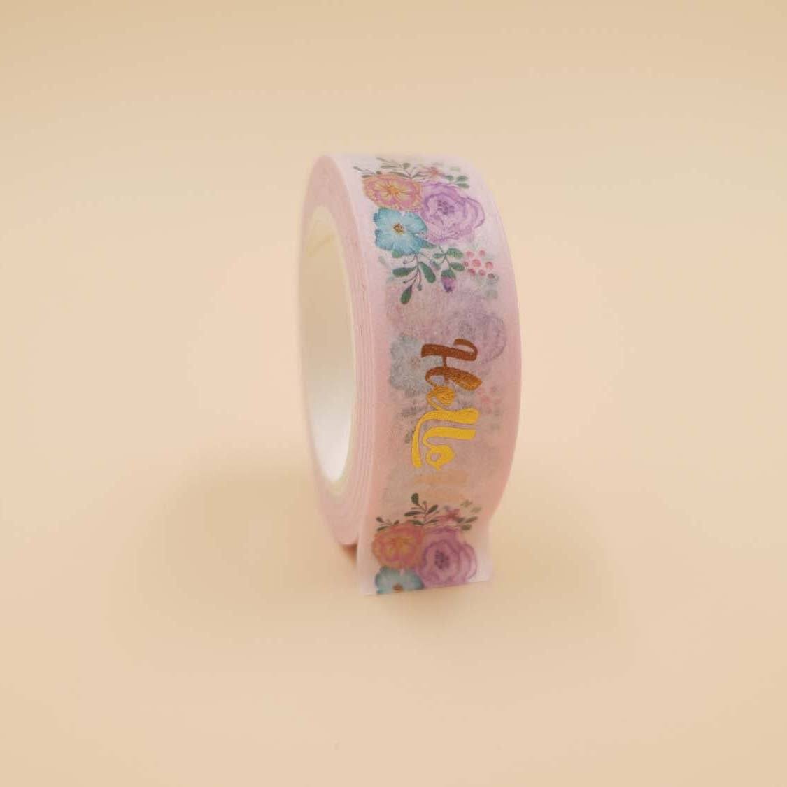 Banda Washi - Roz Pal Model Hello cu Flori Banda Washi Paperie.ro