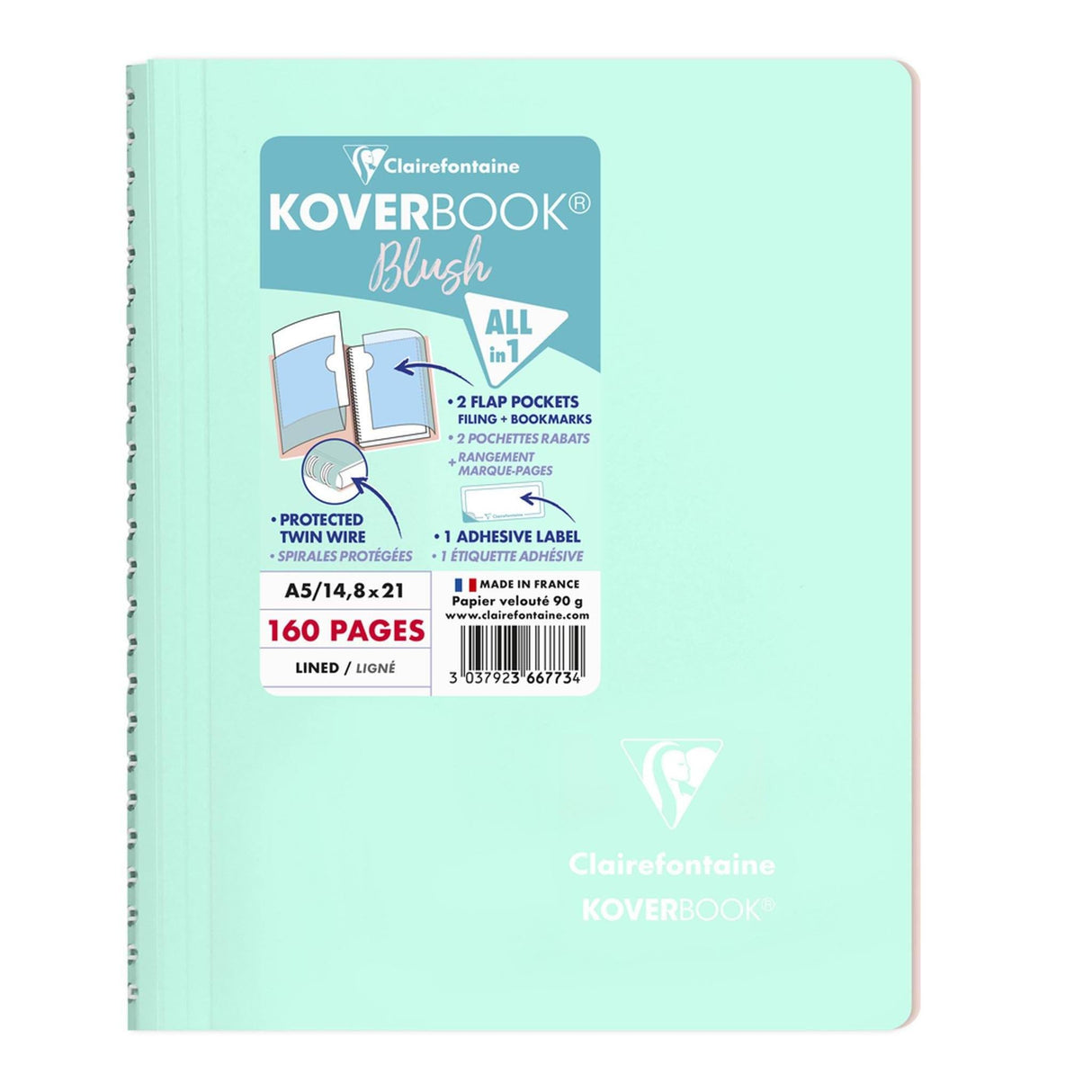 Caiet Koverbook Blush A5 Pastel Clairefontaine, liniat, Mint/Powder pink, 80 file Caiet Clairefontaine