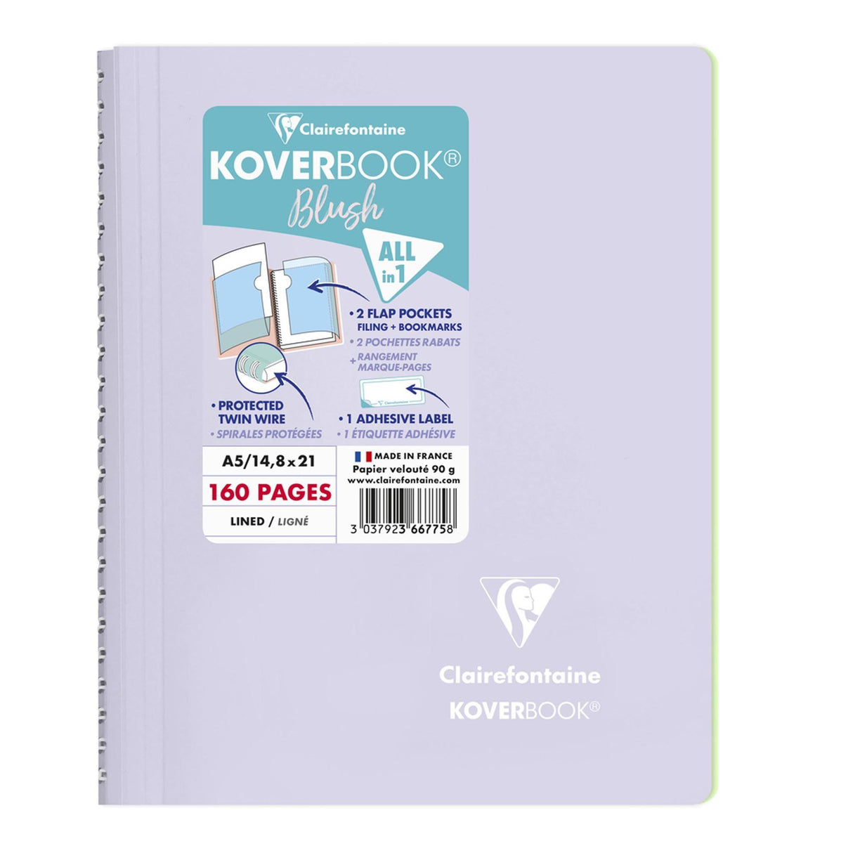 Caiet Koverbook Blush A5 Pastel Clairefontaine, liniat, Liliac/tee green pink, 80 file Caiet Clairefontaine